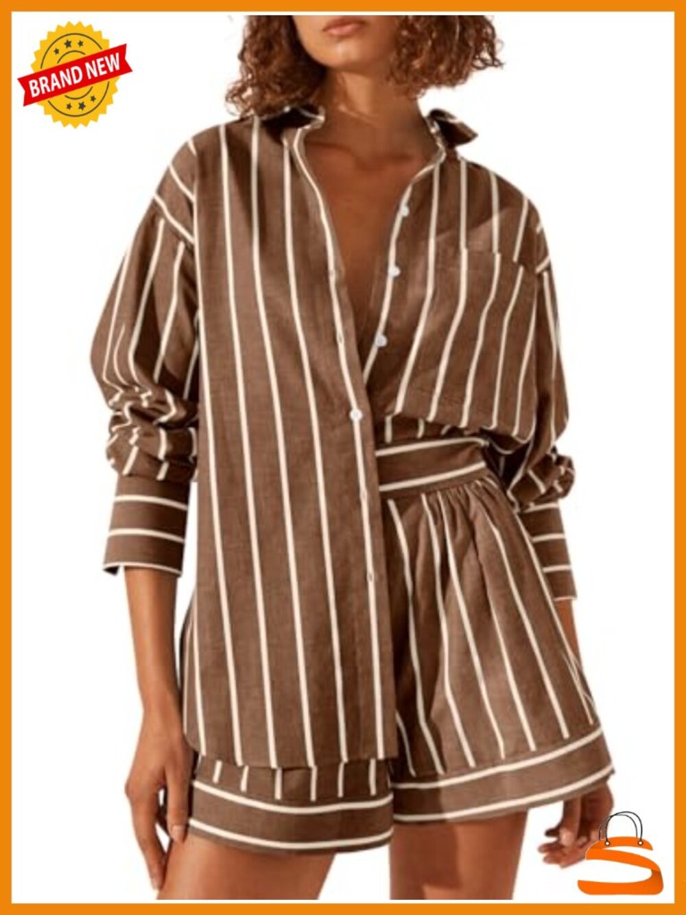 Womens 2 Piece Outfits Striped Long Sleeve Button Down Collared Shirt Matching
